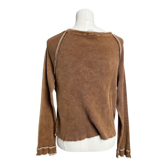 Altar'd State Thermal Waffle Knit Blouse Shirt Top Medium Brown Distressed - Picture 4 of 5